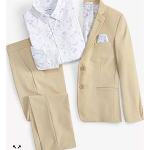 Calvin Klein Beige Two-Piece Suit with Floral Dress Shirt